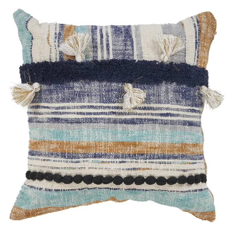 18" X 18" Blue and Beige Patchwork Cotton Zippered Pillow With Tassels