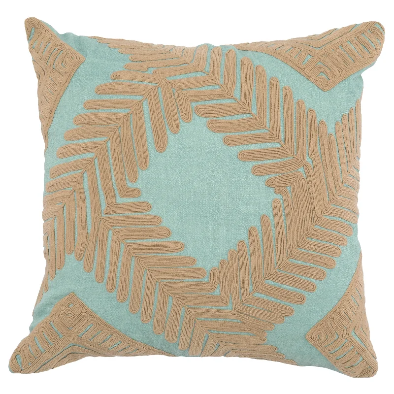 Benzara BM228590 Fabric Throw Pillow with Embroidered Leaf Pattern, Blue and Brown