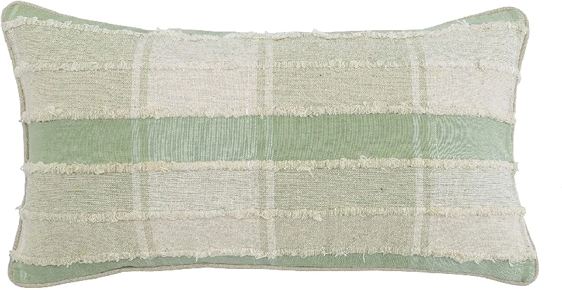 Benzara BM228605 Fabric Throw Pillow with Plaid Pattern and Shag Stripe Accents, Green