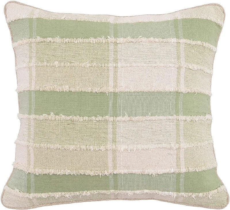 Benzara BM228606 Fabric Throw Pillow with Plaids and Shag Stripes Accent, 20 inch, Green