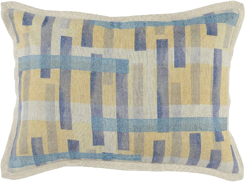 Benzara BM228757 Fabric Throw Pillow with Flanges and Printed Stripe Pattern,Blue and Yellow