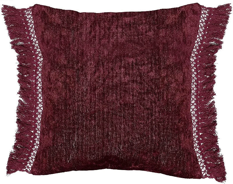 Benzara BM228769 Fabric Wrapped Throw Pillow with Textured Design and Fringes, Red