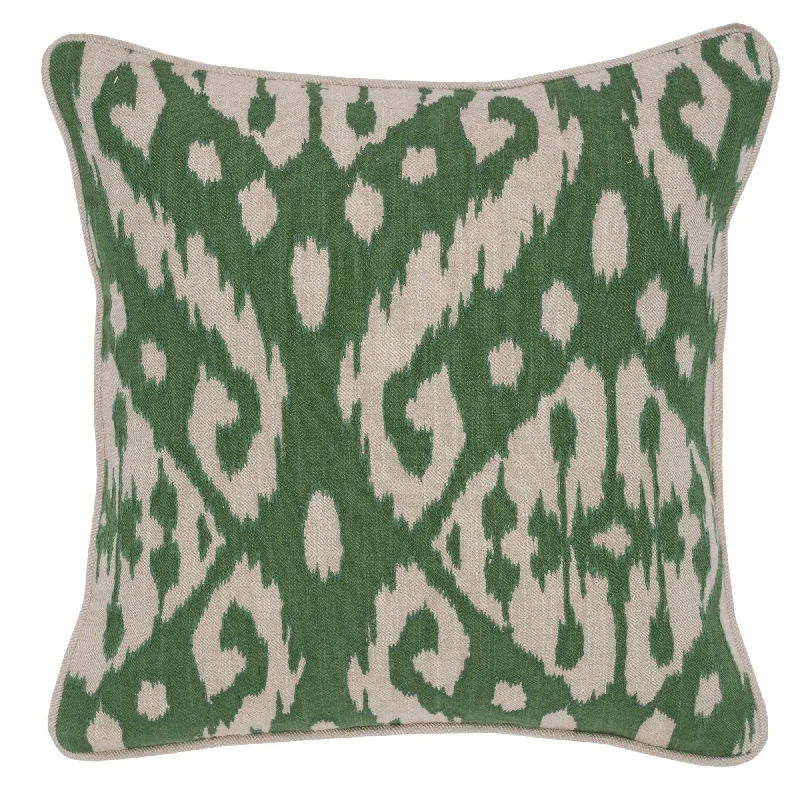 Benzara BM228772 Fabric Throw Pillow Printed Ikat Pattern and Piped Stitching, Green