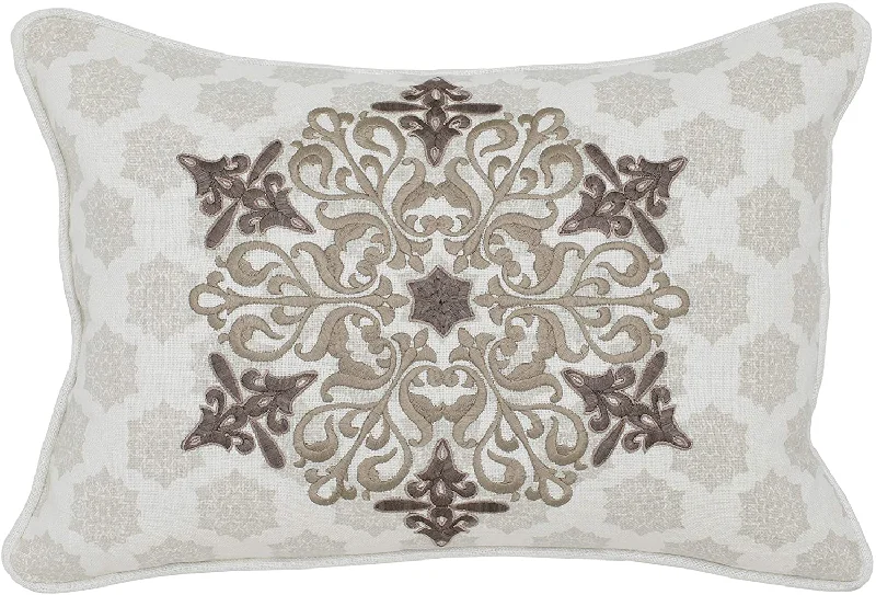 Benzara BM228780 Fabric Throw Pillow with Woven Damask Floral Pattern, Cream