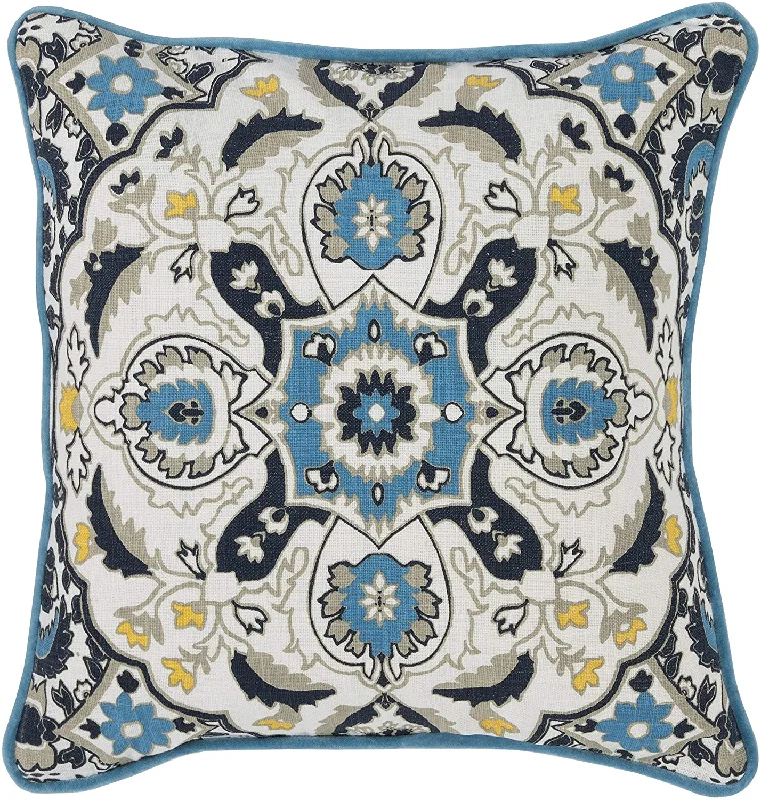 Benzara BM228859 Fabric Throw Pillow with Printed Medallion Design, Blue