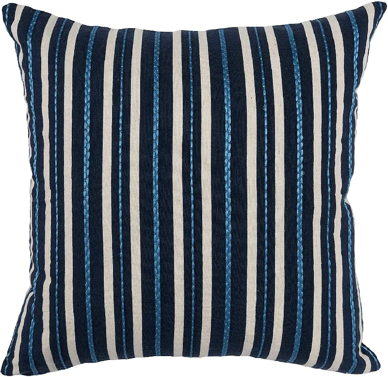 Benzara BM228868 Fabric Throw Pillow with Printed and Embroidered Stripes, Blue