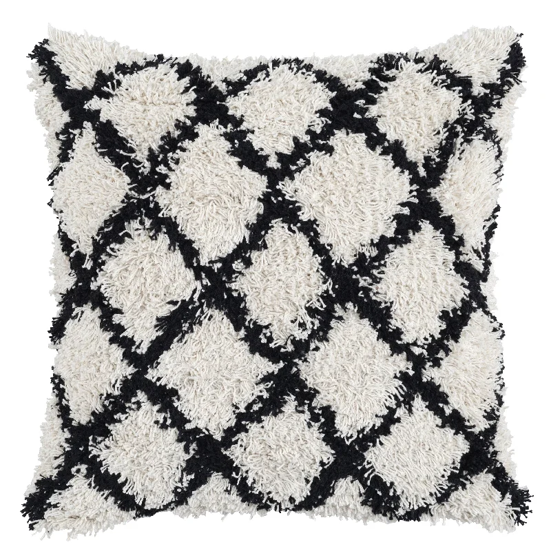 Benzara BM228893 Textured Fabric Throw Pillow with Shag Diamond Pattern, Black and White