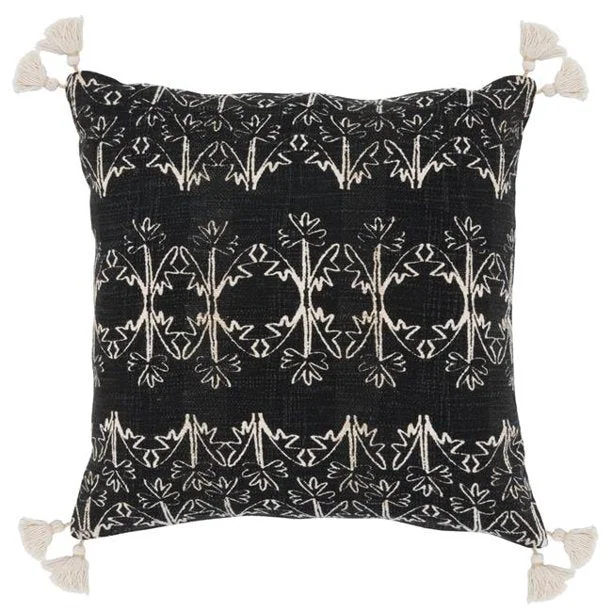 Benzara BM228919 Printed Textured Fabric Throw Pillow with Tassels Corners, Black and Cream