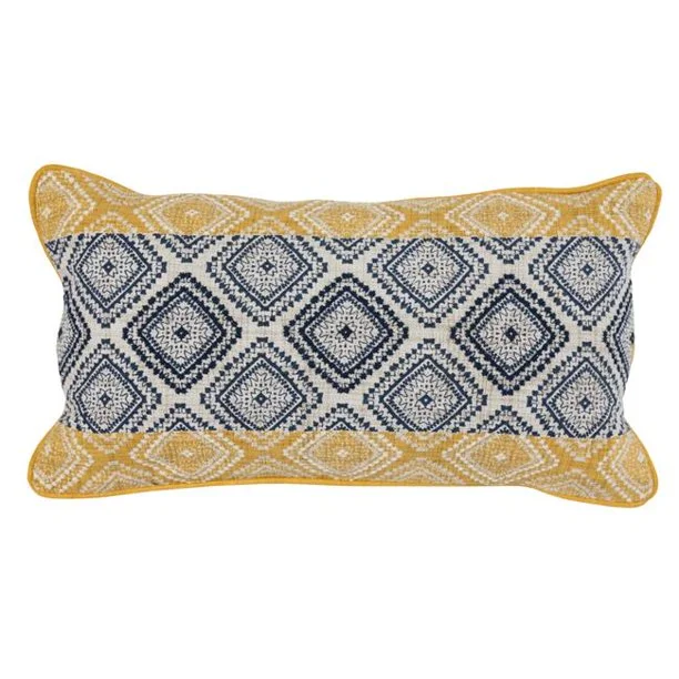 Benzara BM228925 Fabric Throw Pillow with Embroidered Diamond Pattern, Yellow and Blue