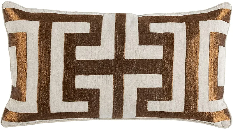 Benzara Embroidered Rectangular Fabric Throw Pillow, White and Bronze