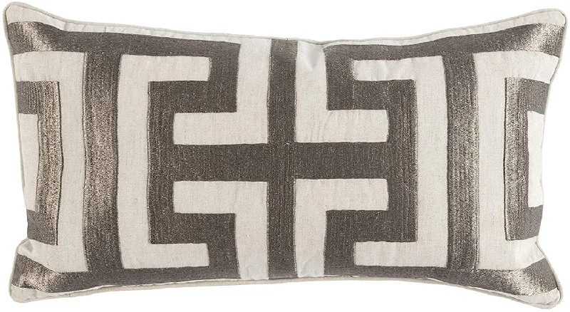 Benzara Embroidered Rectangular Fabric Throw Pillow, White and Gray