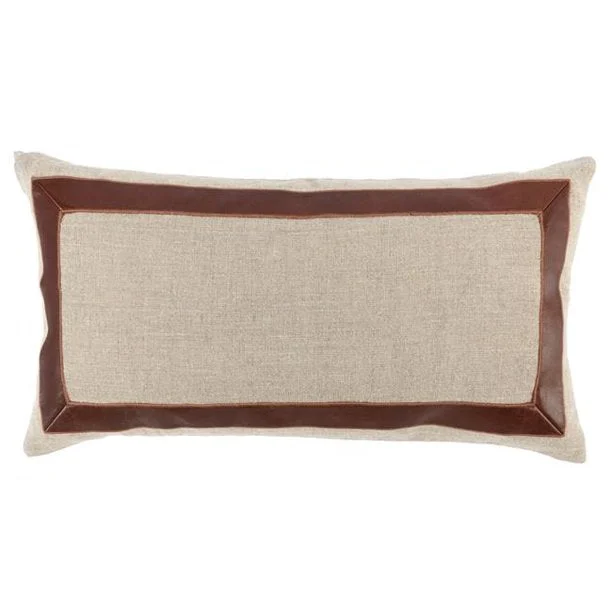 Benzara Fabric Pillow with Leatherette Accents, Cream and Brown