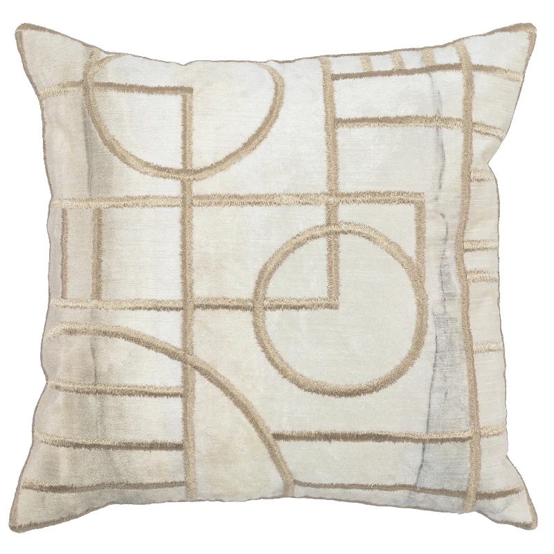 Benzara Fabric Throw Pillow with Embroidered Geometric Pattern, Brown and Cream