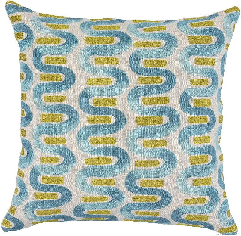 Benzara Fabric Throw Pillow with Painted Repeated Curved Design, Blue