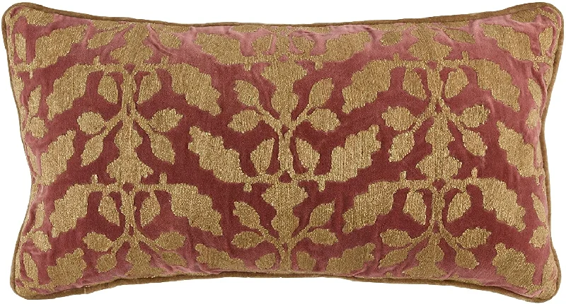 Benzara Rectangular Fabric Pillow with Embroidered Floral Pattern, Red and Beige