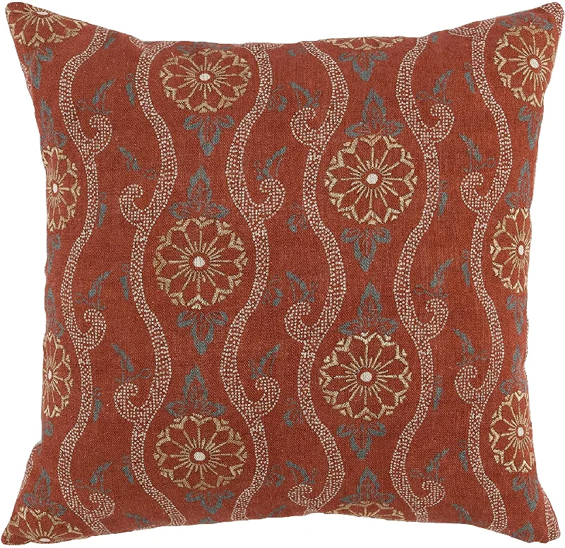 Benzara Square Fabric Throw Pillow with Medallion Pattern, Orange