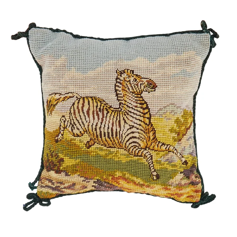 White & Green Prancing Zebra Needlepoint Pillow