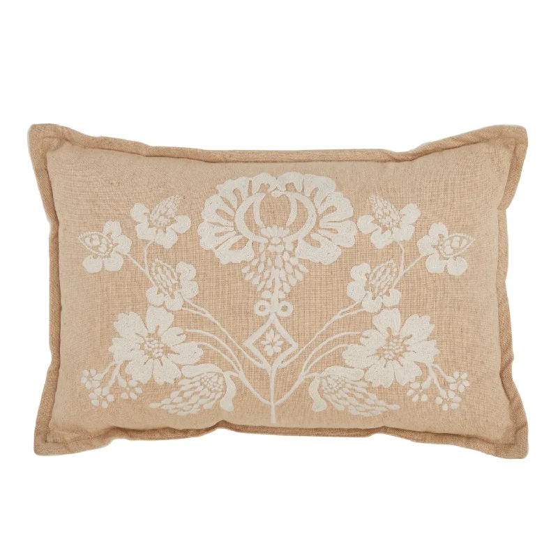 Tan Linen Lumbar Pillow With White Flowers