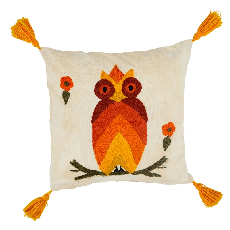 White & Orange Owl Embroidered Pillow