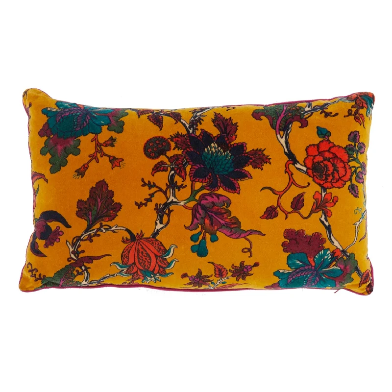 Yellow Mustard Velvet Floral Lumbar Pillow