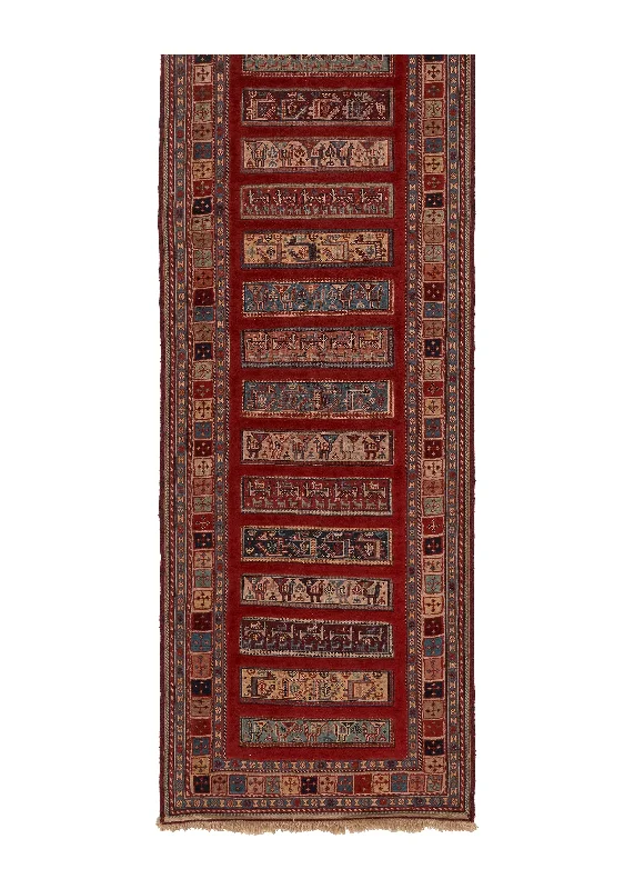 Caucasian Rug Azerbaijan Handmade Runner Tribal 2'10"x9'7" (3x10) Red Kilim Animals Geometric Panel Design #31520