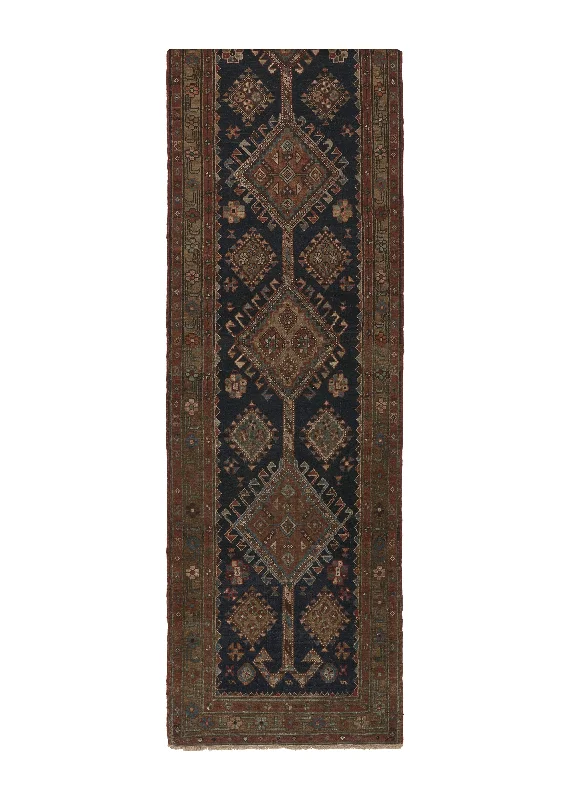 Caucasian Rug Azerbaijan Handmade Runner Tribal 2'8"x12'7" (3x13) Brown Blue Geometric Design #27102