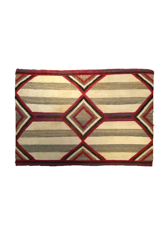 Native American Rug Navajo Handmade Area Antique Tribal 4'4"x6'1" (4x6) Whites/Beige Red Geometric Design #A27172