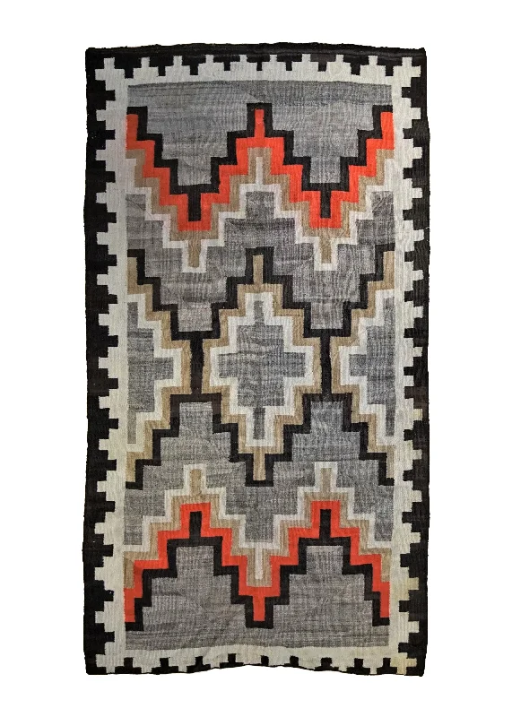 Native American Rug Navajo Handmade Area Antique Tribal 4'3"x7'11" (4x8) Gray Black Orange Geometric Design #A34879