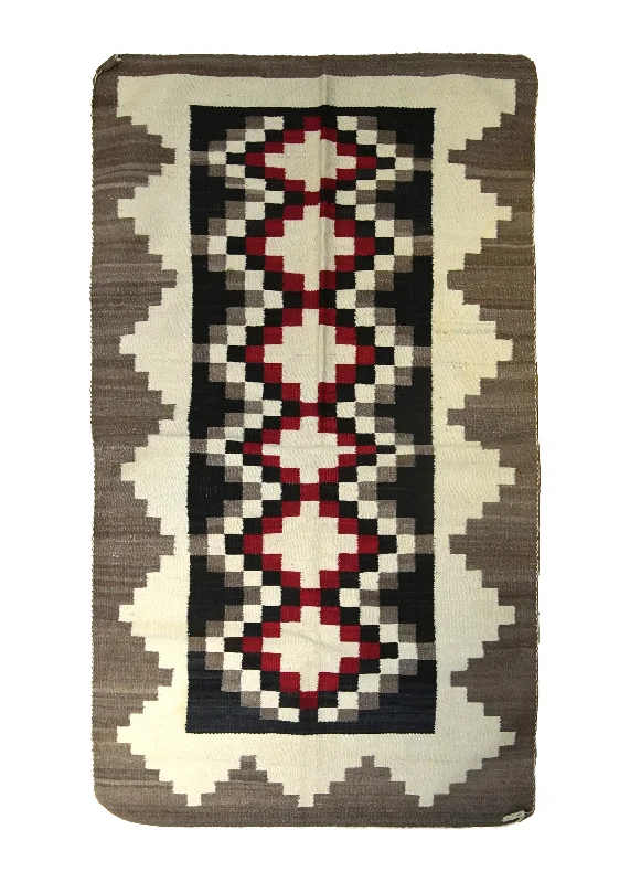 Native American Rug Navajo Handmade Area Tribal 3'0"x5'3" (3x5) Black Whites/Beige Red Geometric Design #A23600