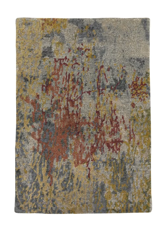 Oriental Rug Indian Handmade Area Sample Modern 2'0"x3'0" (2x3) Red Yellow/Gold Blue Abstract Splatter Design #35227