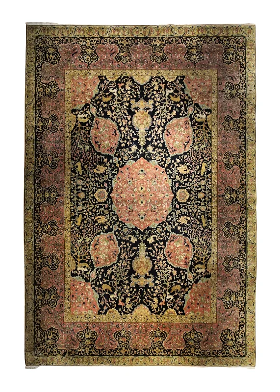 Oriental Rug Indian Handmade Area Traditional 12'1"x18'1" (12x18) Pink Yellow/Gold Floral Animals Design #A34659