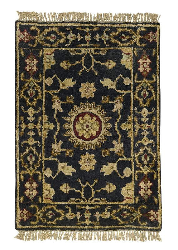 Oriental Rug Indian Handmade Area Transitional 2'0"x3'0" (2x3) Black Yellow/Gold Oushak Design #35215