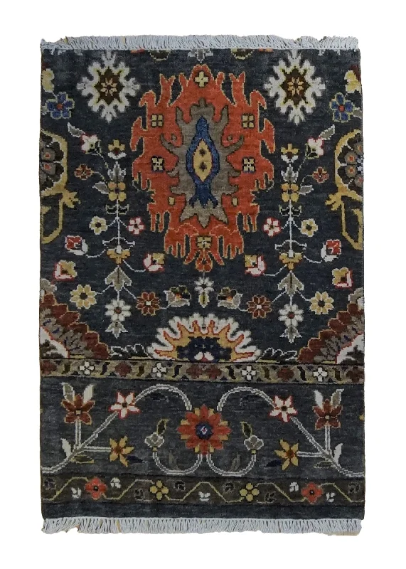 Oriental Rug Indian Handmade Area Transitional 2'0"x3'0" (2x3) Gray Orange Floral Partition Design #A34844