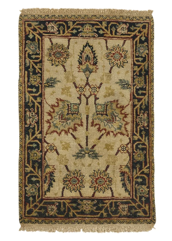 Oriental Rug Indian Handmade Area Transitional 2'0"x3'0" (2x3) Whites/Beige Black Yellow/Gold Oushak Design #35213