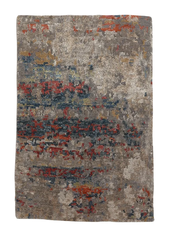 Oriental Rug Indian Handmade Area Sample Modern 2'0"x3'0" (2x3) Blue Red Whites/Beige Abstract Splatter Design #35204