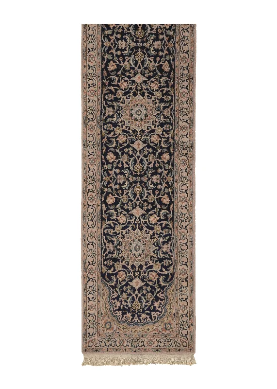 Oriental Rug Indian Handmade Runner Traditional 2'4"x10'1" (2x10) Whites/Beige Blue Floral Nain Design #14778