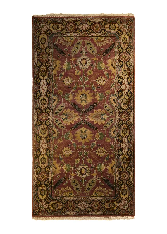 Oriental Rug Indian Handmade Runner Traditional 3'2"x6'2" (3x6) Red Black Tea Washed Floral Jaipur Design #A20067