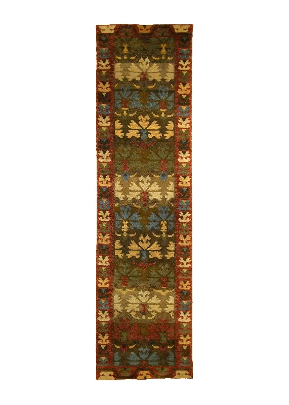 Oriental Rug Indian Handmade Runner Transitional 2'5"x9'9" (2x10) Green Geometric Design #A28930