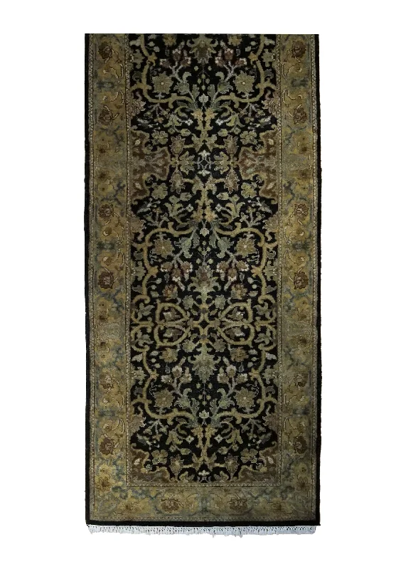 Oriental Rug Indian Handmade Runner Transitional 2'7"x8'0" (3x8) Green Black Floral Jaipur Design #A34645