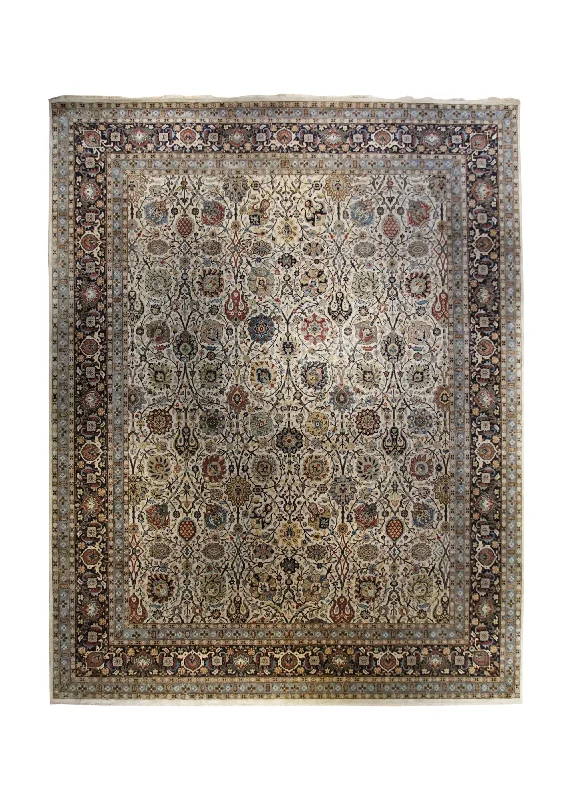 Oriental Rug Indian Handmade Runner Transitional Tribal 12'1"x15'2" (12x15) Whites/Beige Yellow/Gold Floral Design #A34860