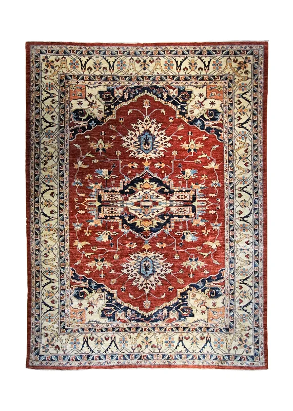 Oriental Rug Pakistani Handmade Area Transitional Tribal 9'10"x13'8" (10x14) Red Whites/Beige Geometric Heriz Design #A34642