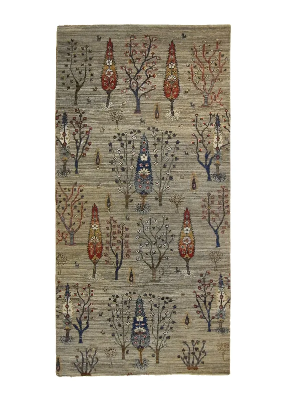 Oriental Rug Pakistani Handmade Runner Transitional Tribal 4'1"x8'4" (4x8) Gray Tree of Life Lori Gabbeh Design #A35156