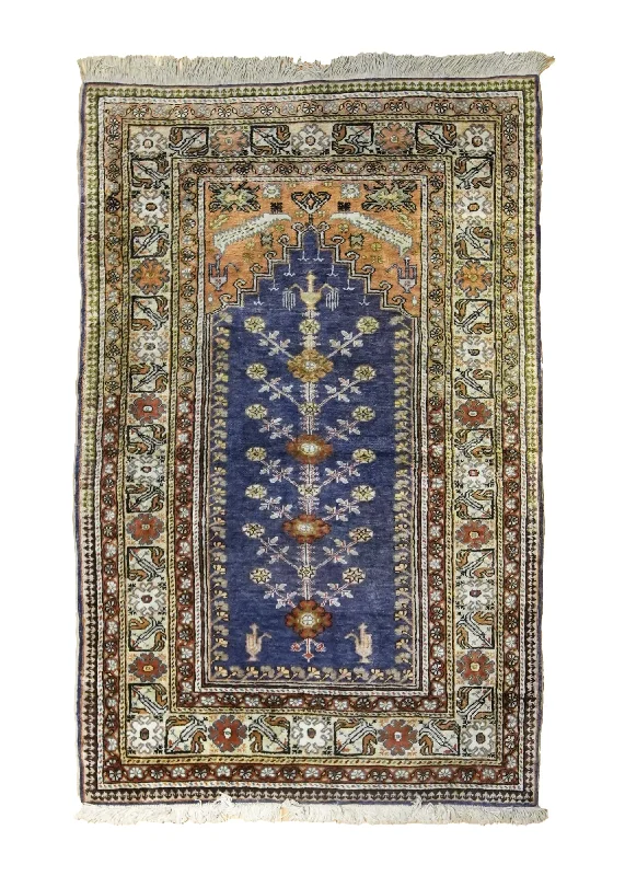 Oriental Rug Turkish Handmade Area Traditional 2'11"x4'5" (3x4) Blue Geometric Prayer Rug Design #A35125