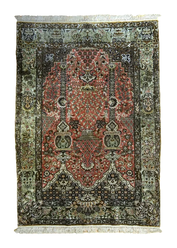 Oriental Rug Turkish Handmade Area Traditional 3'6"x5'2" (4x5) Green Pink Tree of Life Prayer Rug Design #A35108