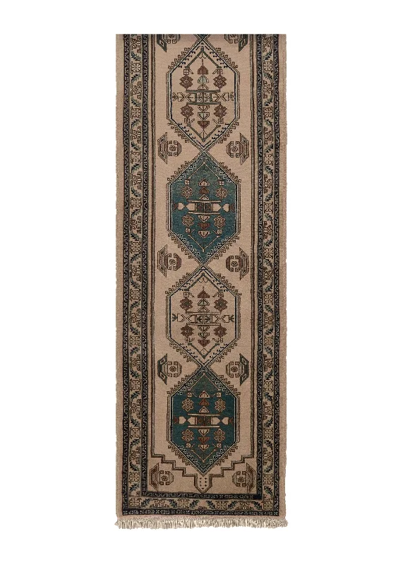 Persian Rug Ardabil Handmade Runner Tribal 2'6"x9'3" (3x9) Whites/Beige Blue Open Field Geometric Design #35085