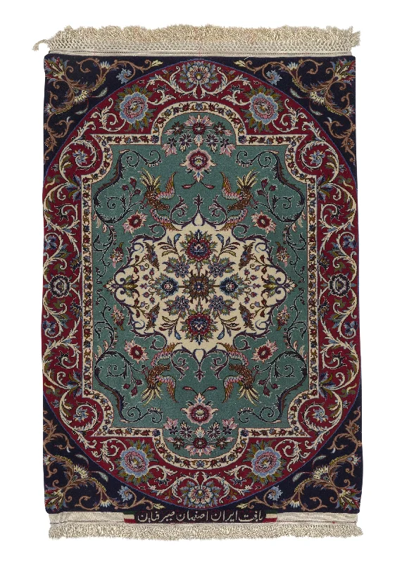 Persian Rug Isfahan Handmade Area Traditional 2'5"x3'6" (2x4) Green Red Floral Animals Design #25162