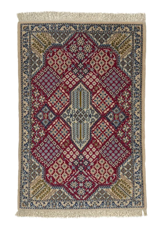 Persian Rug Nain Handmade Area Traditional 2'4"x3'6" (2x4) Red Whites/Beige Blue Floral Design #25974