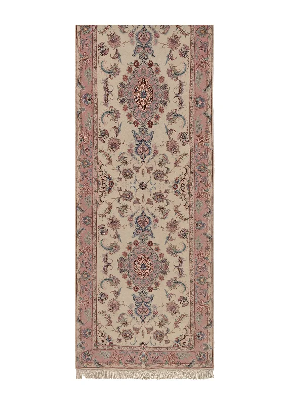 Persian Rug Tabriz Handmade Runner Traditional 2'10"x12'0" (3x12) Whites/Beige Pink Naghsh Floral Design #35081