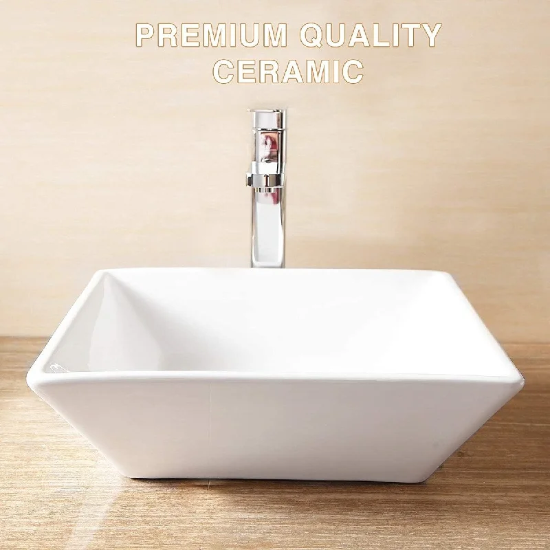 16'' X 16'' Beveled Square White Porcelain Ceramic Basin Vessel Vanity Sink Bowl Bathroom With Pop Up Drain