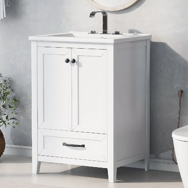 24" Bathroom Vanity with Sink, Bathroom Vanity Cabinet with One Drawer and Doors, Adjustable Shelf, Solid Wood and MDF, White